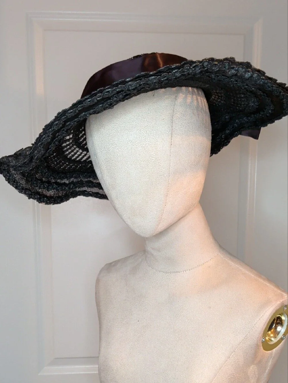 Vintage 50s Evelyn Varon Wide Brim Black Straw Hat Open Crown Satin Bow